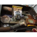 A box containing assorted items including miniature musical lute, postcards, Oriental vase etc.