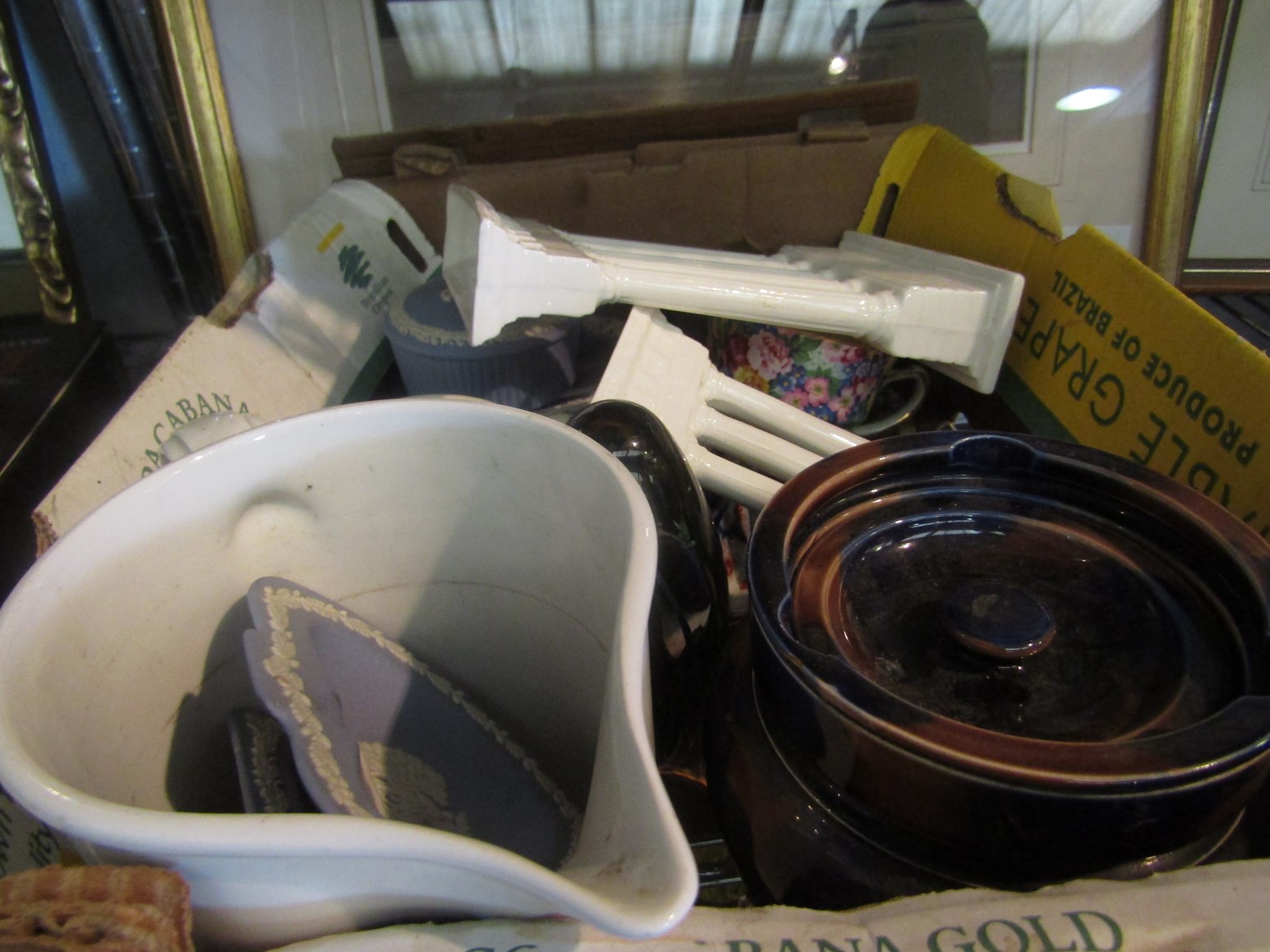 A box containing assorted china ware including Wegdwood,