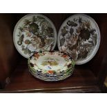 A quantity of Royal Doulton 'Temple' plates decorated with pheasants and two 19th Century transfer