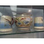 An Aller Vale jardiniere and two Dartmouth Pottery handpainted tankards (3)