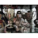 Five trophies including Victorian silver plated example