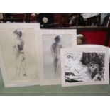 Three mounted sketches in watercolour and pencil of female nudes.