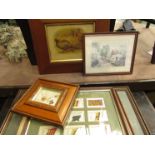 A collection of pictures and prints, Kensitas silk cigarette cards in frames etc.