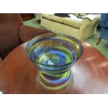 A blue and green swirled art glass bowl