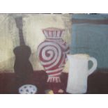 A still life print on canvas, vase, jug and musical instrument,