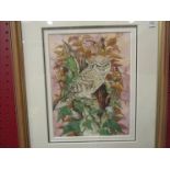 A.J. WATTS (XX): A framed and glazed watercolour of a little owl, signed lower left 22.5cm x 17.