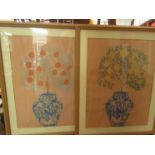 A pair of silk pictures with orange and lemon trees, framed and glazed,