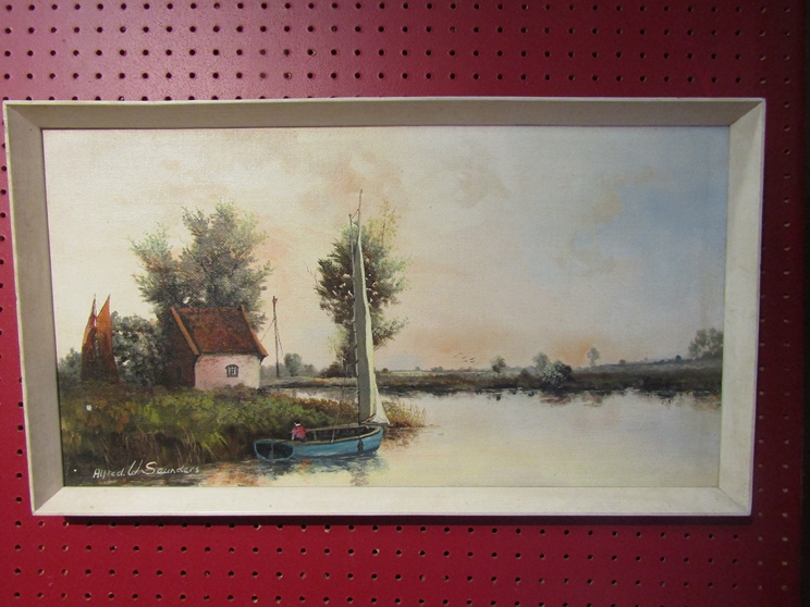 ALFRED SAUNDERS (1908-1986): A framed oil on artist board, scene at Beccles, Suffolk.