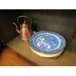 Two Victorian copper warming plates and kettle (3)