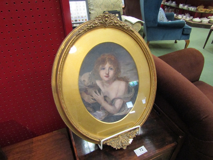 A gilt framed oval oil, mounted to board, portrait after J.B. Greuze.