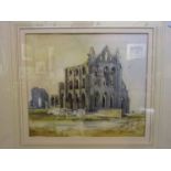 A framed and glazed watercolour of Abbey ruins and cattle, signed MORRIS lower right,