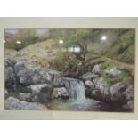 A 20th Century Acrylic depicting stream on hill with rocks and trees, signed,