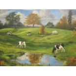 R.WHATLEY: A late 20th Century oil on canvas of cows in a field with pond to foreground, dated 1987