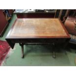 A reproduction mahogany sofa table with twin frieze drawers, tooled leather top, 90cm x 55.