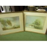 Two framed and glazed prints of watercolours after Metcalf, swans and landscape with cattle,