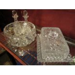 A cut glass cheese dish, bowl, oil and vinegar bottles,