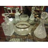 A crystal glass silver rimmed bowl and two glass decanters including crystal