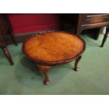 A circa 1920 burr walnut occasional table the pie crust edge top over cabriole leg supports,