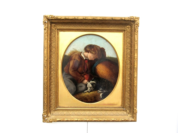 A Victorian English school painting depicting boy at rest with dog and bushel of corn, gilt frame,