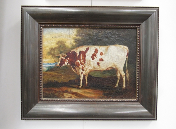 An early 19th Century oil on canvas depicting a prize bull,