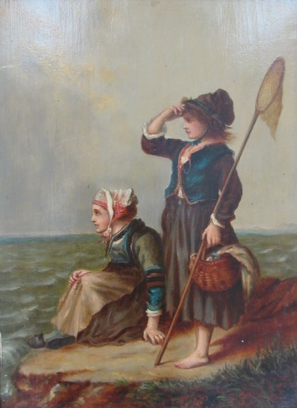 A Victorian English school painting depicting figures looking out to sea, oil on board, - Image 2 of 4