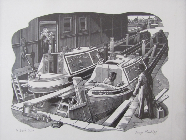 GEORGE MACKLEY (1900-1983) A framed and glazed limited edition woodcut print titled 'In Dock'. - Image 2 of 5