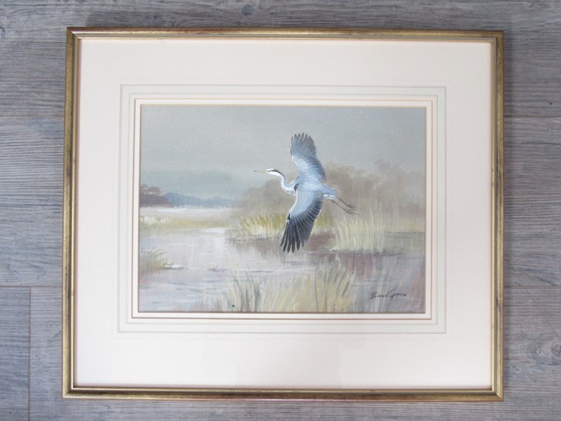 ROLAND GREEN: (1896-1972) A framed and glazed watercolour and bodycolour of Grey Heron in flight 23