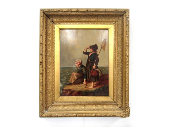 A Victorian English school painting depicting figures looking out to sea, oil on board,