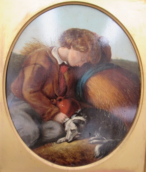 A Victorian English school painting depicting boy at rest with dog and bushel of corn, gilt frame, - Image 2 of 3