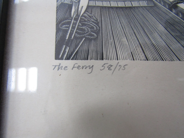 GEORGE MACKLEY (1900-1983) A framed and glazed limited edition woodcut print titled 'The Ferry'. - Image 4 of 4