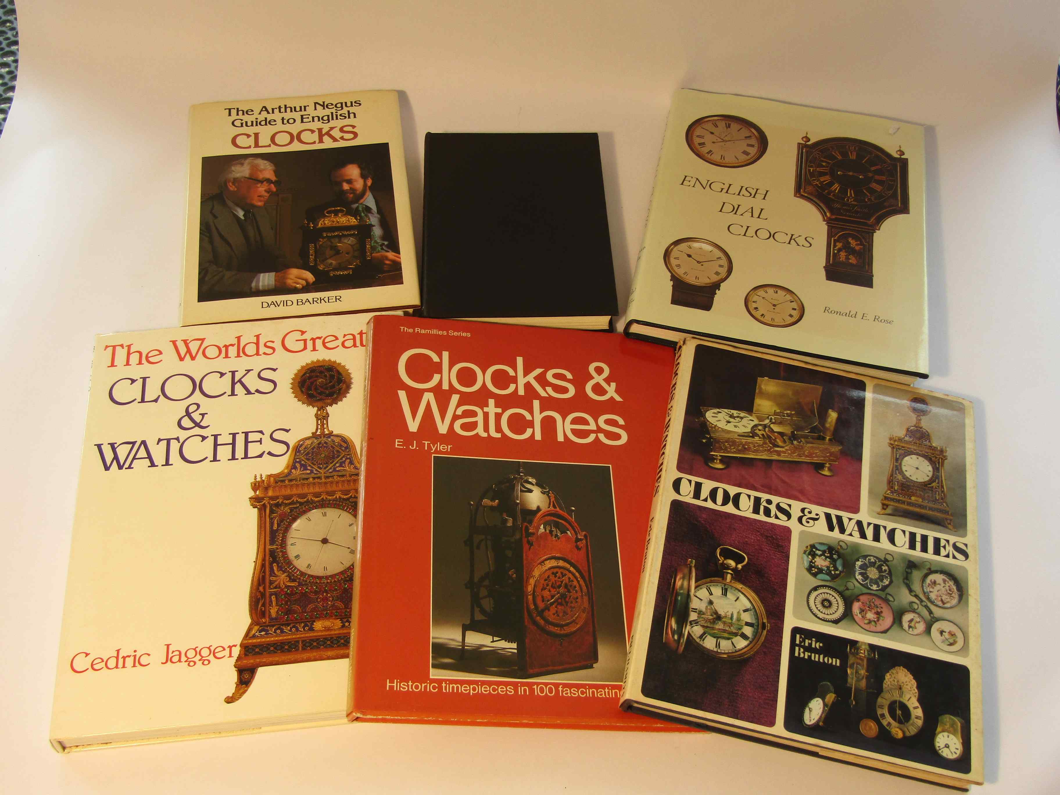 Six horological volumes including "English Dial Clocks" (Ronald E.