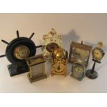 Seven 20th Century novelty timepieces including lantern, lamppost, ship's wheel, Chronostamp,