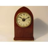 An Edwardian mahogany and satin inlaid mantel timepiece of lancet form with ATO electric movement,