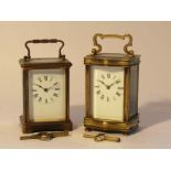 Two late 19th Century brass cased French carriage timepieces with enamelled Roman dials and