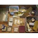A box of horology raw materials and consumables including pegwood, brass sheet, paints, washers,