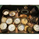 A box of French drum clock movements, most with drums, bezels and dials,