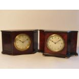 Two Edwardian mahogany and burr walnut desk timepieces with silvered Arabic dials,