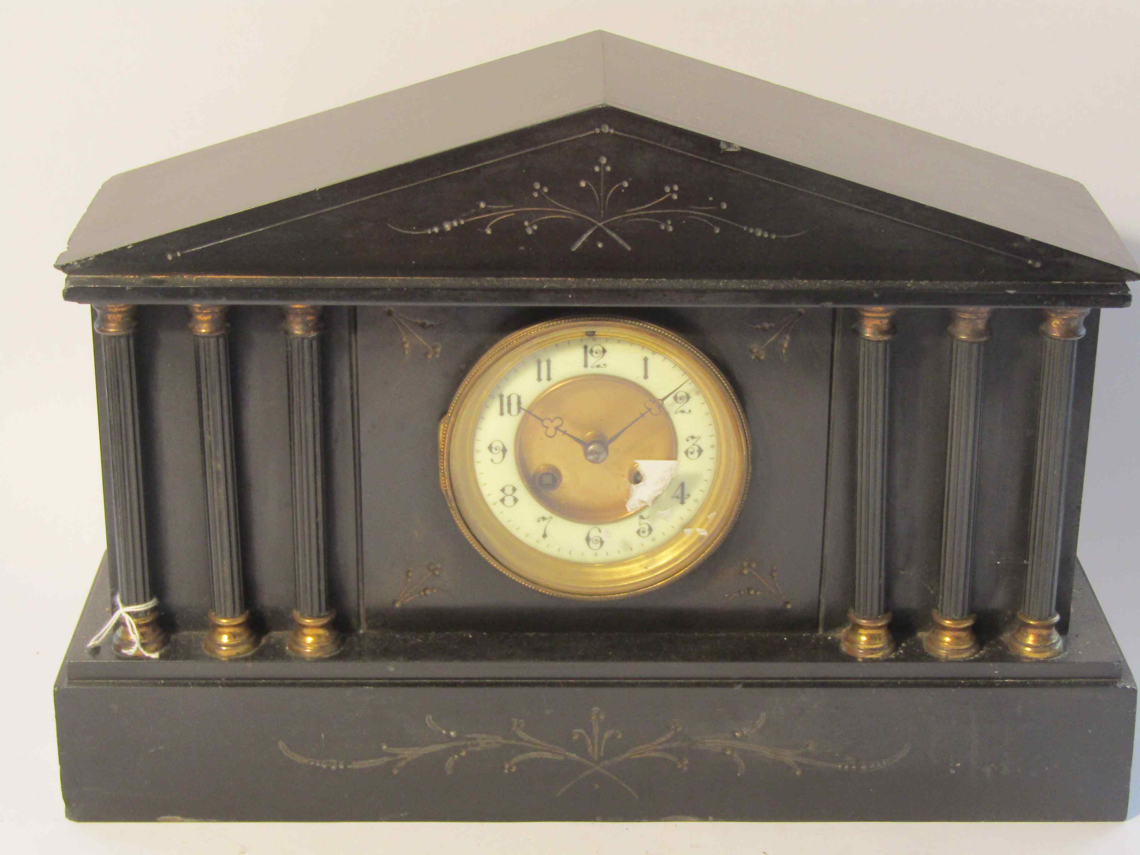 A late 19th Century slate mantel clock of architectural form, Arabic enamelled chapter ring,