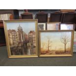 Two large oils on canvas, one depicting Dutch street scene, the other trees in autumnal landscape,