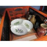 Various china plates, stoneware bottles and two prints,
