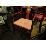 A single armchair with walnut back splat hand painted oriental scenes