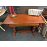 A Victorian mahogany side table converted from a buffet table, barleytwist supports to plateau base,