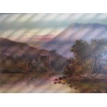 An unsigned framed unglazed, mountain and water scene,