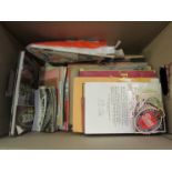 A box of mixed ephemera including LNER postcards and cigarette cards