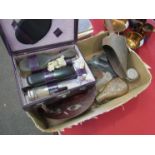 A box of miscellaneous including powder flask, inkwell,