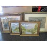 A box containing assorted pictures and prints including Moorland scene by Ruben Southley print,