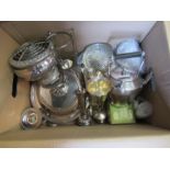 A quantity of silver plated wares including spirit kettle on stand and Mappin and Webb vegetable