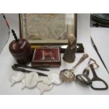 A box containing miscellaneous items including map of Suffolk, treen lidded box,