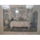 An etching "Darby and Joan" depicting couple at dinner table after Boucher,