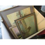 A box containing assorted pictures and prints including oil on board of figure fishing by Eve Baker